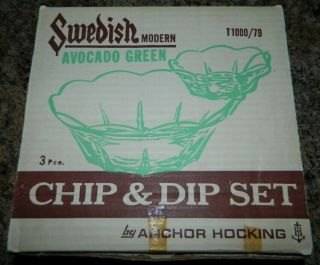 Vtg Anchor Hocking Chip & Dip Bowls Set Mid Century Swedish Modern Avocado Green