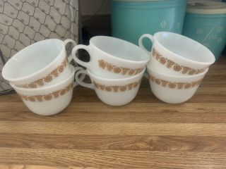 6 Pyrex Butterfly Gold Coffee Mugs Milk Glass Corningware Cups Vintage 8 Oz
