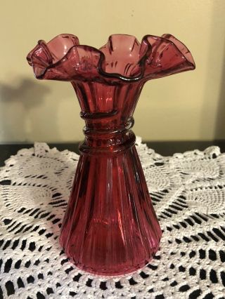 Fenton Art Glass Cranberry Wheat Vase With Ruffled Top - - 7 3/8 Inches Tall
