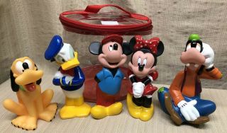 Disney Mickey Minnie Donald Goofy Pluto Rubber Figures Characters Set Of 5 & Bag