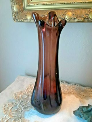 Vintage Four Finger Amethyst 13 1/2 " Tall Swung Art Glass Vase,  Polished Base