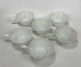 Set Of 6 Vtg Anchor Hocking Fire King White Milk Glass Soup/chili Bowls W/handle