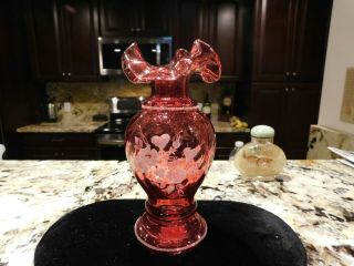 Cranberry Glass Fenton Hand Painted Flowers Vase Signed C.  Riggs