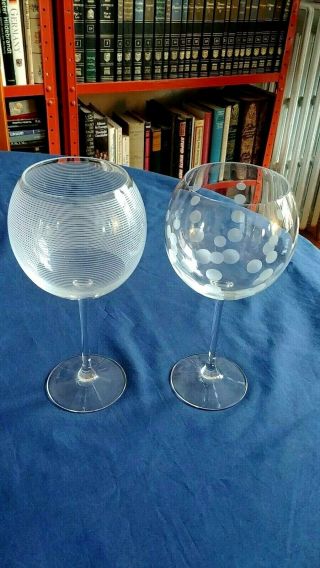 Mikasa Cheers Crystal Balloon Wine Goblets Glasses Stripes & Dots Set Of 2