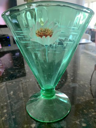 Green Vaseline Uranium Glass Fan Shaped Vase Hand Painted Enamel Water Lily