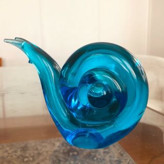 Vintage Mcm Teal Blue Glass Snail Paperweight Heavy Murano ? 5 1/2” Long.