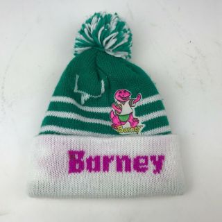 Vtg Barney Purple Dinosaur Winter Knit Pom Hat Stocking Cap Beanie Green Youth