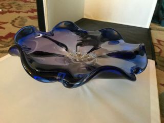 Vintage Cobalt Blue Hand Crafted Blown Swirl Bowl With Ruffled Edge 11 "