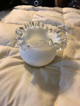 Vintage Fenton Silvercrest White Glass Ruffle Rubbon Trim Vase Bowl