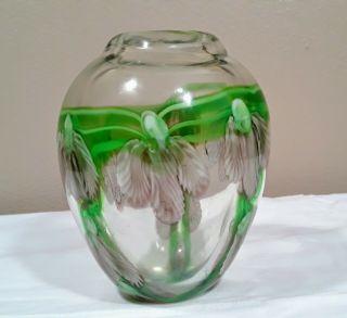 Vintage Art Glass Paperweight Vase Pink & Green Flowers Floral Swag 5 "