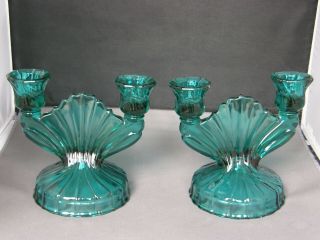 2 Ultramarine Swirl Double Candle Holders Jeannette Glass Co Depression Era - Teal