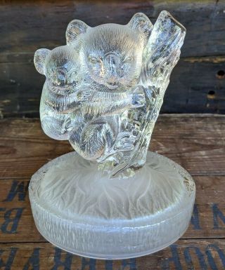 Vintage Art Glass Koala Bear With Baby Figurine Clear & Frosted Glass