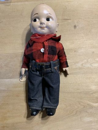 Adorable Hard Plastic Buddy Lee Doll - Jeans Red Plaid Flannel Shirt,  Ect