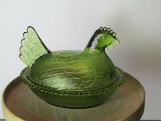 Vintage Indiana Glass Hen On Nest Olive Green Chicken Candy Dish Bowl With Lid