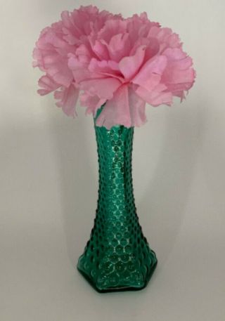 Vintage E.  O.  Brody Cleveland Glass Teal Green Blue Hobnail Bud Flower Vase