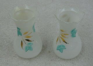 (2) Vintage Mini Glass Hand Painted Milk White Vases 3 3/4 " Japan? 60 