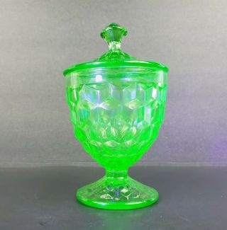 Jeannette Glass Co Cube Cubist Green Uranium Depression Lidded Sugar Candy Dish