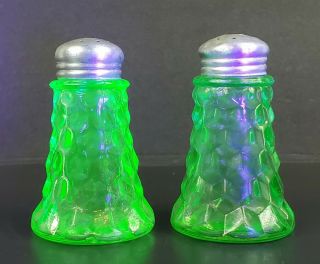Jeannette Glass Co Cube Cubist Green Uranium Depression Salt & Pepper Shaker Set