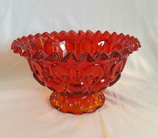 L.  E.  Smith Red Amberina Moon & Stars Compote Ruffled Crimped Candy Dish Bowl Mcm