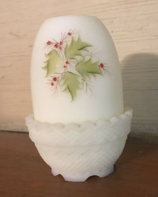 Fenton Satin Fairy Lamp White Holly Christmas Hand Painted Signed R Dolan