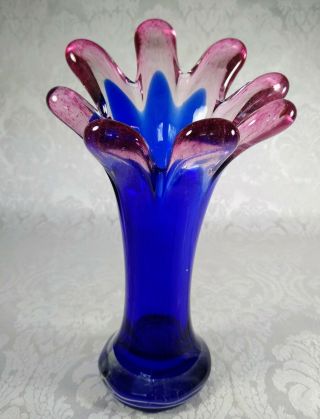Vintage Royal Blue And Fuchsia Petal Art Glass Hand Blown Murano Style Vase