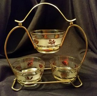Vintage Mcm Libbey Glass Two Tiered Condiment Rack W/ 3 Frosted Gold Leaf Dishes