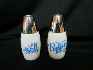 Rare Gemco White Salt Pepper Shaker Set With Blue Lettering