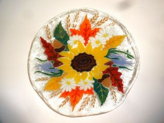 Peggy Karr Fused Glass Shallow Bowl Dish 8 1/2 " Harvest Sunflower Signed
