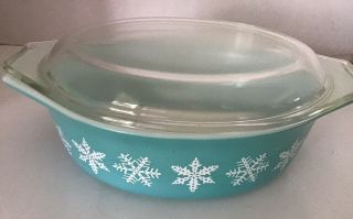 Vintage Pyrex Turquoise Snowflake 043 Oval Casserole With Lid 1 1/2qt