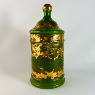 Vintage Green & Gold Marbled Glass Apothecary Candy Jar Canister Retro Boho Euc