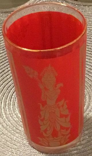 Vintage 1950s Culver Red Gold Asian Thai Goddess Drinking Glass Tumbler (6) 2
