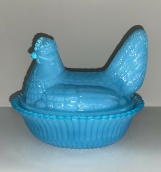 Degenhart Crystal Art Glass Hen On Nest Covered Dish - Milk Blue - 5.  5”