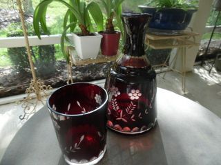 Vintage Boudoir Bedroom Decanter With Glass Goblet Ruby Red To Clear Cut Flowers