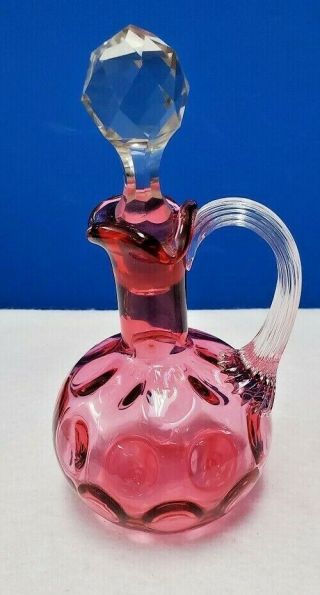 Fenton Crystal Ruffled Cranberry Coin Dot Cruet With Stopper 7 "