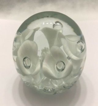 Vintage Joe St.  Clair Art Glass Paperweight White Trumpet Flowers W Bubbles