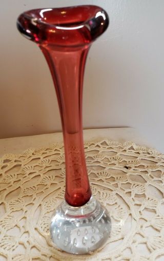Hand Blown Art Glass,  Red Bud Vase With Controlled Bubble Base/murano?