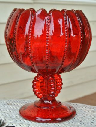 Vintage Ruby Red Glass Beaded Stem 7 1/2 " Tall Footed Scallop Compote Candy Dish