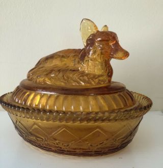 Rare Antique Kempel Amber Glass Covered Dish With Fox On Lid Poh