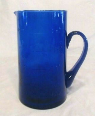 Vintage Cobalt Blue Glass Water Pitcher 9 " Tall & Raised Measuring Marks