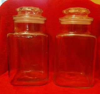 Vtg Set 2 Large Square Glass Canister Apothecary Jars Anchor Hocking Lids Seals