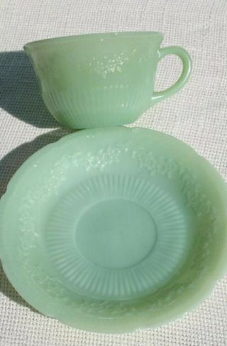Fire King Jadeite Alice Floral Tea Cup And Saucer Set