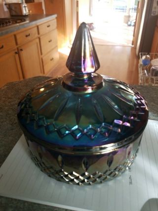 Gorgeous Vintage Iridescent Carnival Glass Covered Candy Dish Purple/blue Hues