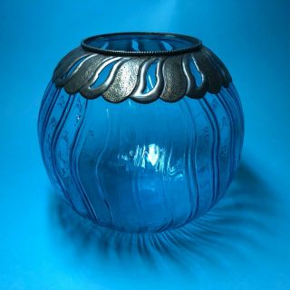 Blue Glass Rose Bowl Vase With Applied Metal Trim