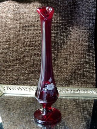 Vintage Fenton Ruby Glass Hand Painted And Signed Bud Vase