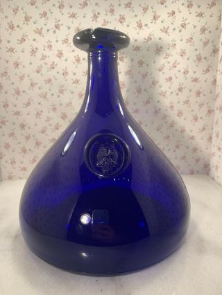9.  5” Cobalt Blue Thick Glass Decanter Wine Vessel Water Jug King Head Detail