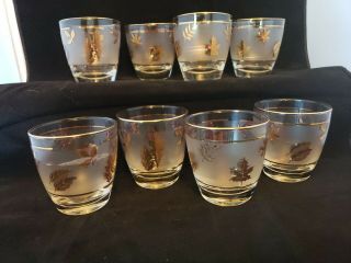 Set Of 8 Libbey Mid Century Frosted Gold Leaf Rocks Barware Glasses