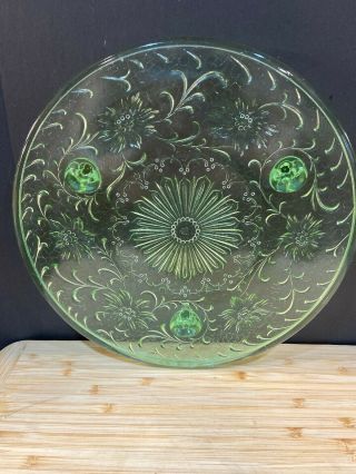 Vtg Us Glass 3 Footed 10 " Green Depression Glass Cake Plate Uranium