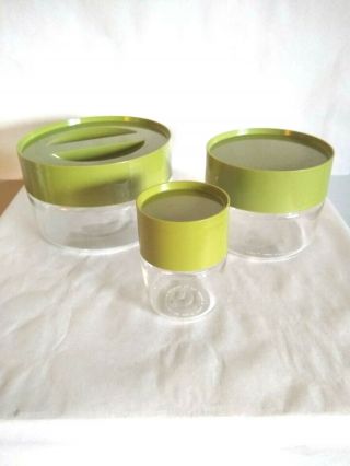 Vintage 70s Set Of 3 Pyrex Green Glass Storage Containers Plastic Lids Usa