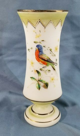 Vintage Bristol Style White Opaline Glass Vase With Hand Painted Robin Pontil Bo