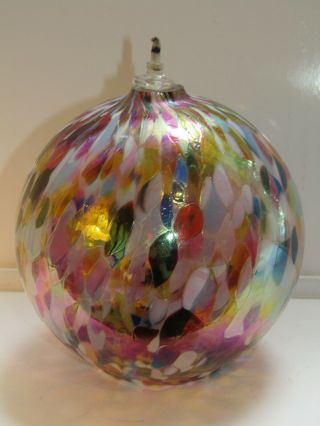 Hand Blown Studio Art Glass Multi - Color Iridescent Ball Shaped Oil Lamp